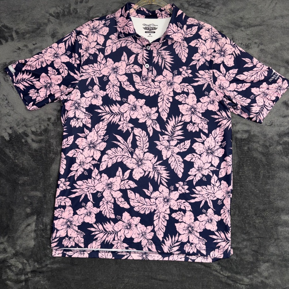 Men's Medium Straight Down Performance Golf‎ Polo Pink Floral Dove Canyon Club